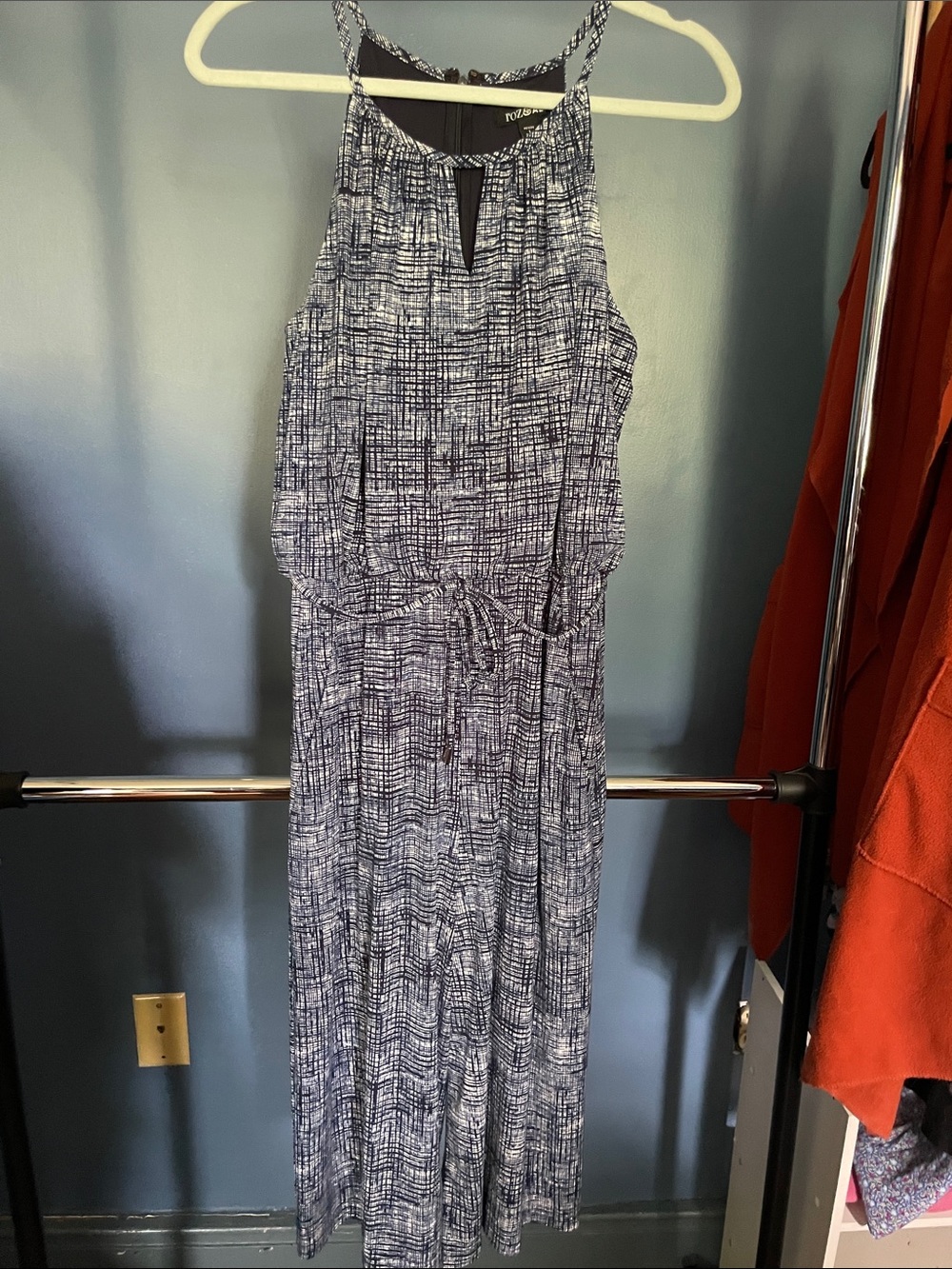 Roz & Ali Navy and White Sleeveless Cropped Jumpsuit with pockets